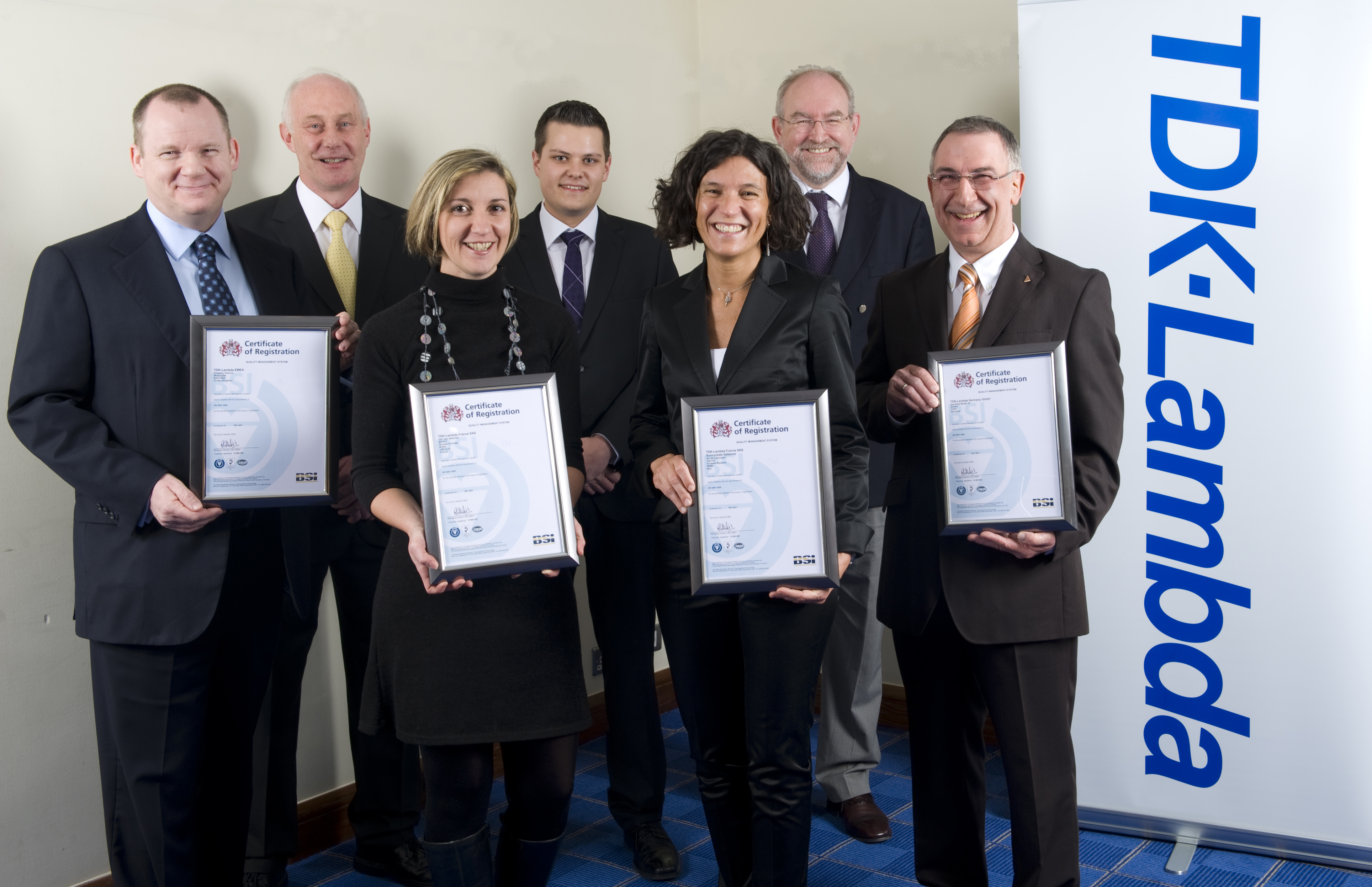 From left to right – BSI Managing Director Rob Wallis with location quality representatives Gerry French (UK), Aurore Mariaud (France), Christopher Haas (Germany), Marzia Paglioli (Italy), Adam Rawicz, Managing Director of TDK-Lambda EMEA, and Rainer